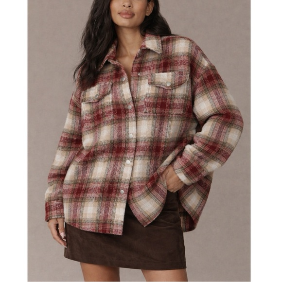 Anthropologie Jackets & Blazers - Anthropologie BB Dakota Plaid Fuzzy Snap Shacket Jacket